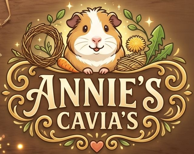 Logo van Annie's Cavia's: een lachende cavia tussen hooi, een wortel en een paardenbloem